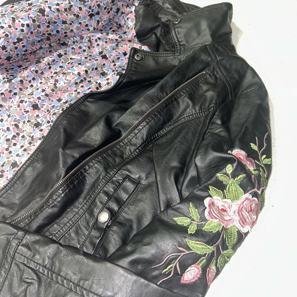Jou Jou Black Leather Jacket with Floral Embroidery